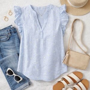 Old Navy | Linen-Cotton Blue Floral Ruffle Sleeve Top